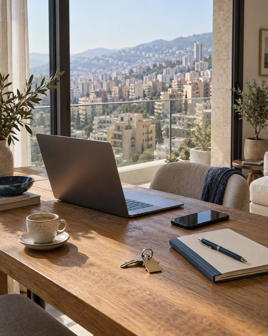 Laptop, phone and house keys on a desk overlooking the city