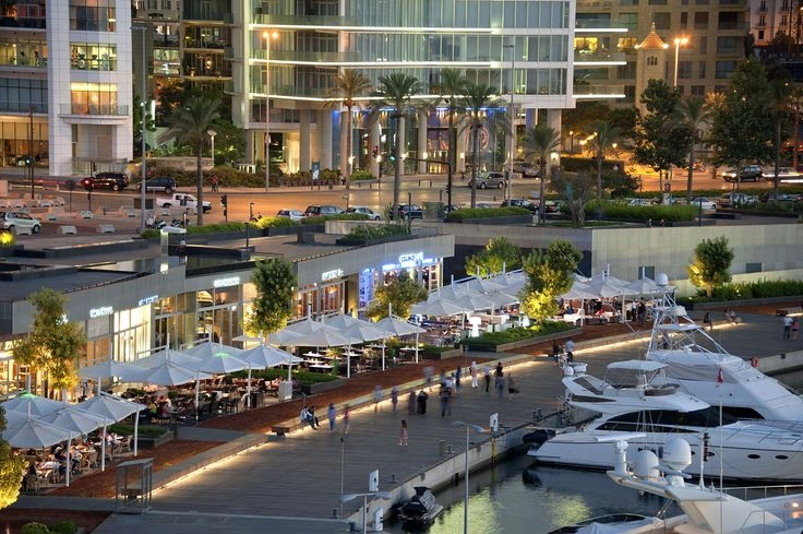 Zaitunay Bay Beirut marina and Beirut Souks shopping district at sunset