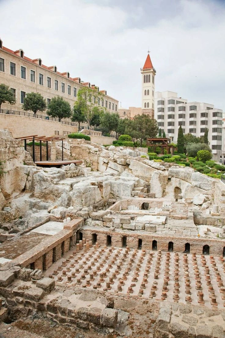 Ancient Roman ruins and columns in central Beirut near the Grand Serail