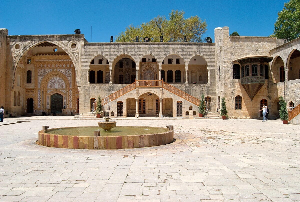 Stone courtyard and arches of Beiteddine Palace in Chouf, Lebanon