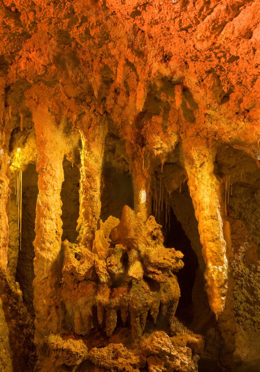 Stalactites and rock formations inside Kfarhim Grotto in Aley District, Lebanon