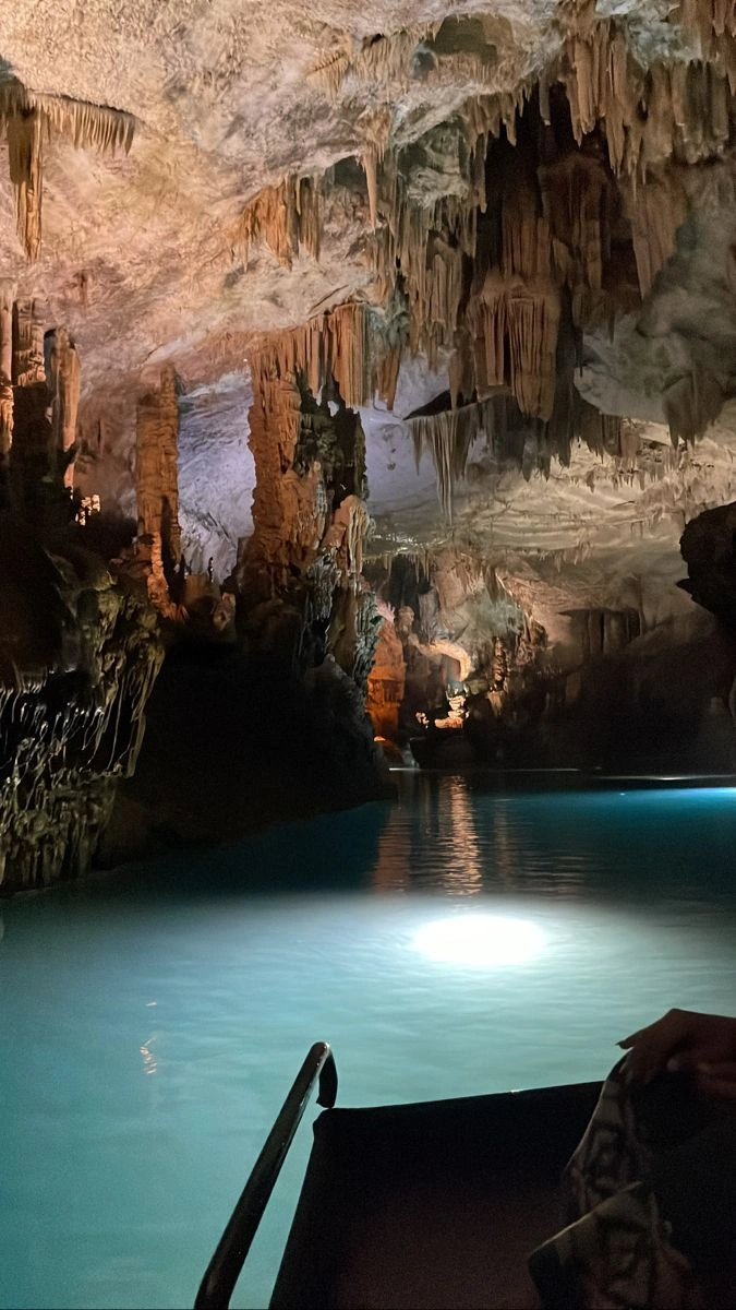 Underground river and limestone stalactites inside Jeita Grotto near Jounieh