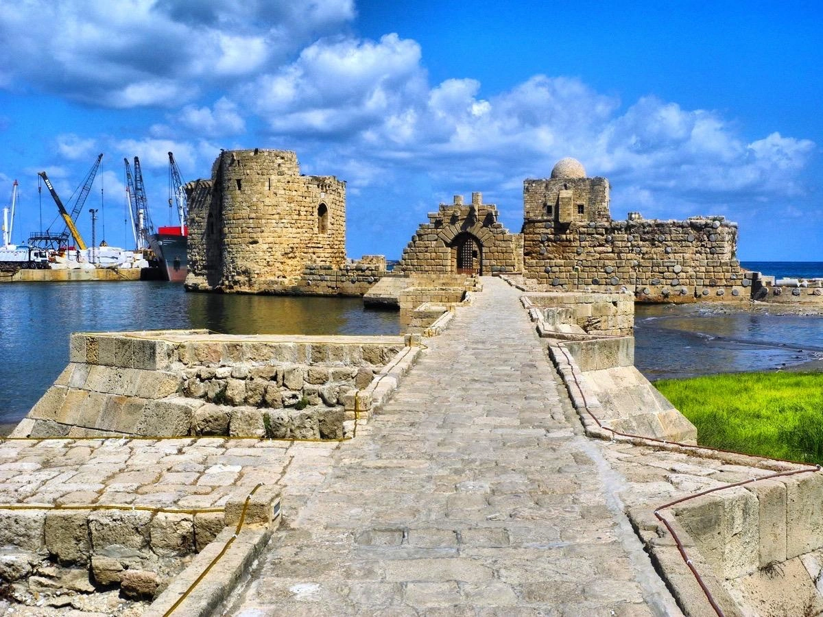 Stone Crusader fortress rising from the sea at Sidon Sea Castle in Saida, Lebanon