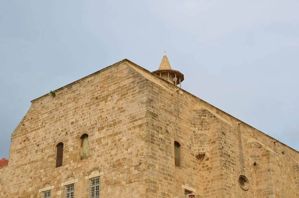 Stone arches and courtyard of the Great Mosque of Sidon in Saida, Lebanon