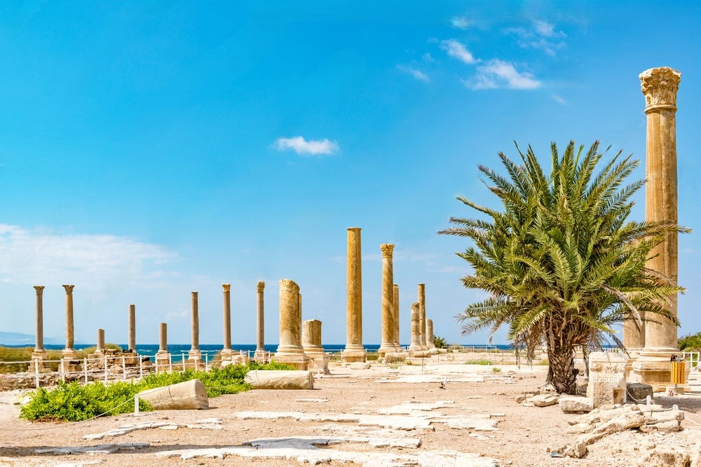 Ancient Roman columns and mosaics at Tyre Al-Mina site on the Mediterranean coast